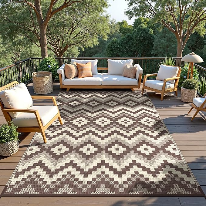 GENIMO Outdoor Rug Waterproof 8x10 ft, Lightweight Plastic Straw Rugs, Outside Reversible Large Mat Carpet for Patio, Camping, RV, Deck, Balcony, Porch, Backyard, Coffee & Beige