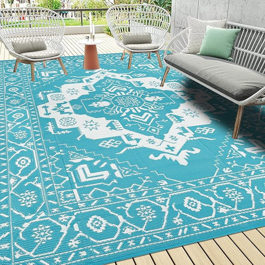 Pauwer Waterproof Outdoor Rug 9x12, Reversible Plastic Straw Patio Camping Rug, Indoor Outdoor RV Mat Carpet for Deck, Camper, Porch, Balcony, Backyard, Picnic, Medallion Teal