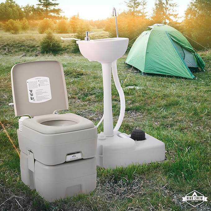 Hike Crew Portable Camping Sink & Toilet | Large Hand Washing Station with 4.5 Gal Capacity, Hands-Free Foot Pump, Faucet, Soap Dispenser & Towel Rack | Includes Travel Toilet with 5 Gal Waste Tank