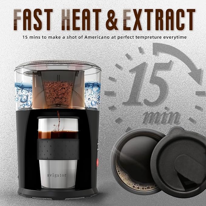 Portable Coffee Maker for Travel Camping Car, Ground Coffee Machine Single Serve with 10 oz Travel Mug for Traveling, RV, Office, Home and Dorm, 12V, Black