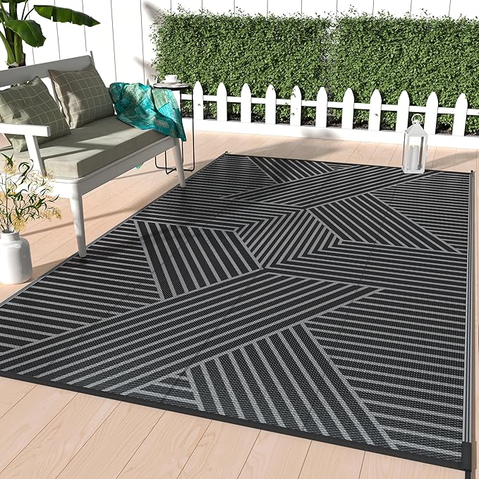 GENIMO Outdoor Rug 8'x10' for Patio Waterproof Clearance, Reversible Outdoor Plastic Straw Rug, Lightweight Carpet Camping Mat for Rv, Camper, Picnic, Balcony, Backyard, Deck, Porch, Black & Gray