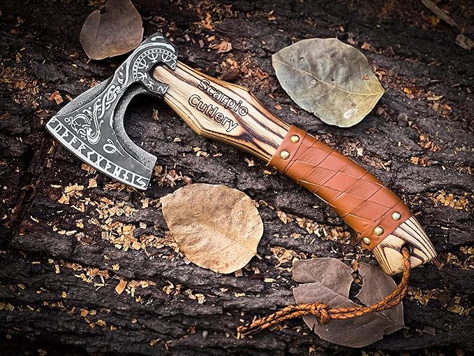 13" Custom Handmade Carbon Steel Viking Axe Real Hatchet, Norse Viking Axe, Throwing Axe, Best Gift for him, Leather Wrapped Handle and Leather Sheath (Valknut Axe)
