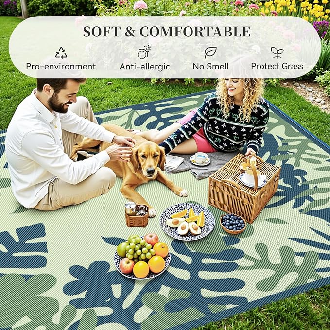 MontVoo Outdoor Rug Waterproof 6x9 ft RV Outdoor Rug for Camping Picnic Mat Outdoor Patio Rug Carpet Plastic Straw Reversible Floral Teal Blue Green