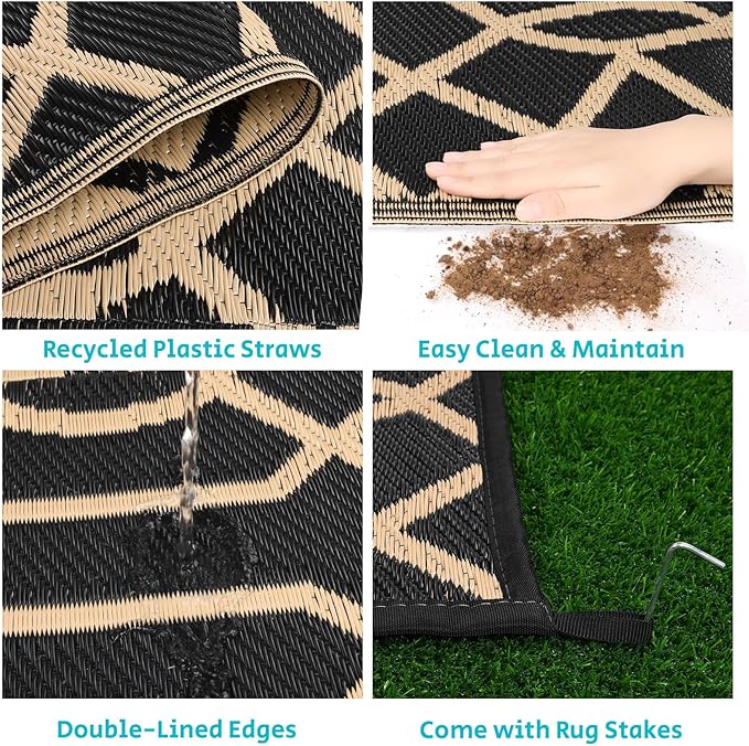 HEBE Outdoor Rug 9'x12' for Patios Waterproof Clearance Reversible Patio Mat Plastic Straw Rug RV Camping Mat Outside Area Rug Carpet for Camping RV,Porch,Deck,Balcony,Camper,Backyard