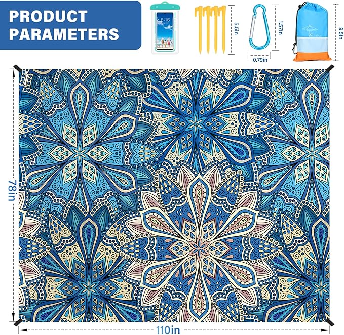 Beach Blanket Oversized Extra Large78 X 110",Waterproof Sandproof Beach Blanket 2-8 Adults Lightweight Durable for Travel Camping Hiking Picnic