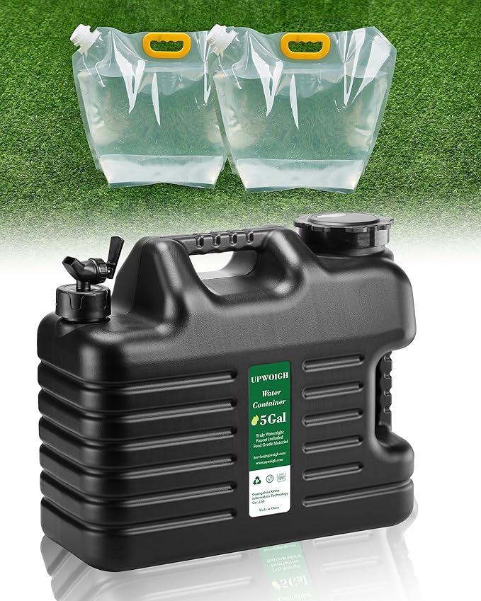 5 Gallon Water Jug(16x13.2x7in)and 2.6Gal Collapsible Water Bag Set of 2,BPA Free Water Tank Overlanding Gear Containers, Camping Essential Leak-Proof Black Portable Water Storage, Outdoors Hiking RV
