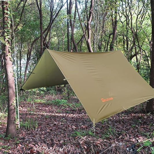 GOLDCAMP Bushcraft Emergency Camping Tarp,70D Nylon 10X13.2FT Hammock Rain Fly ,UV 50+ and PU15000mm Tent Tarp Shelter Canopy,Heavy Duty Multifunctional Sun Shade Essentials for Hiking (10X13.2ft)