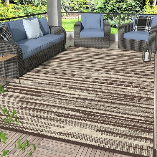 GENIMO Outdoor Rug for Patio Clearance, 5'x8' Waterproof Camping Mat, Reversible Plastic Straw Rugs for RV, Camper, Balcony, Backyard, Picnic, Deck (Coffee Beige)