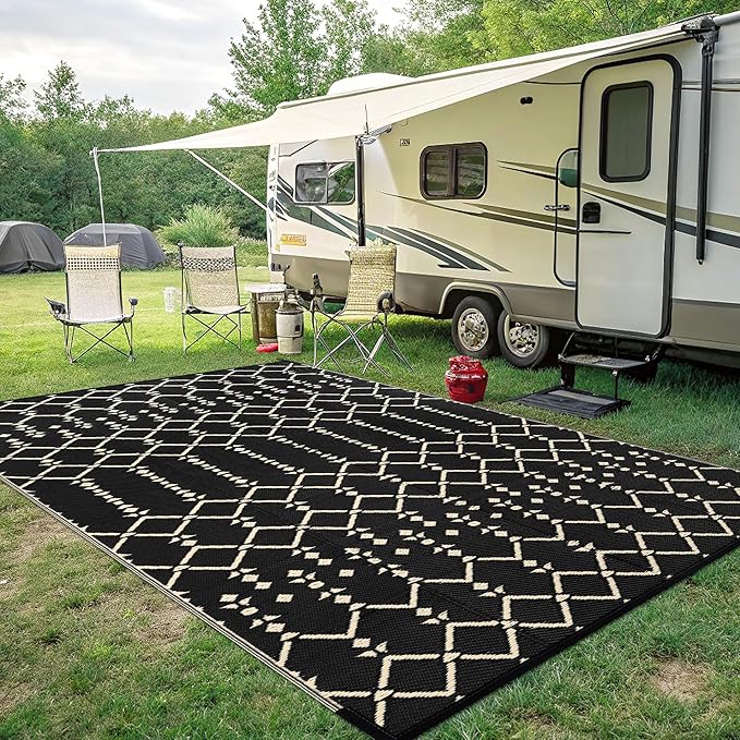 Smiry Outdoor Rug 8x10 ft, Waterproof Reversible Plastic Straw Rugs, Boho Outdoor Area Rug, Outside Floor Mat for Patio, Backyard, Deck, Picnic, Beach, Camping, Beige