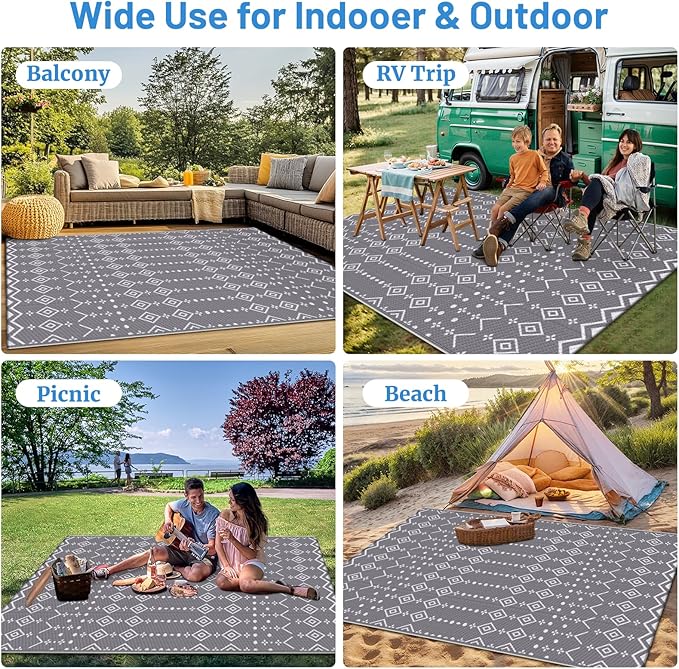 StepRite 5’ x 8’ Reversible Outdoor Rug, Waterproof Plastic Straw Rug, Patio Rug, Large Modern Area Rug Carpet, Indoor Outdoor Rugs for Camping, Porch, Deck, Balcony, Backyard, RV, Picnic(Grey)
