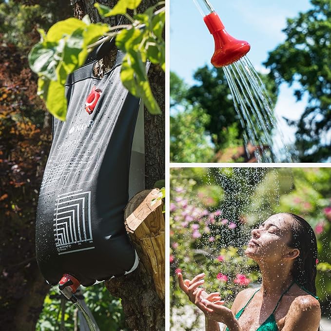 Navaris Solar Shower Bag 5 Gallons - 2X Solar Heating Camping Shower Bag with Shower Head, Hose, Tap Head - for Ideal Traveling, Hiking, Backpacking