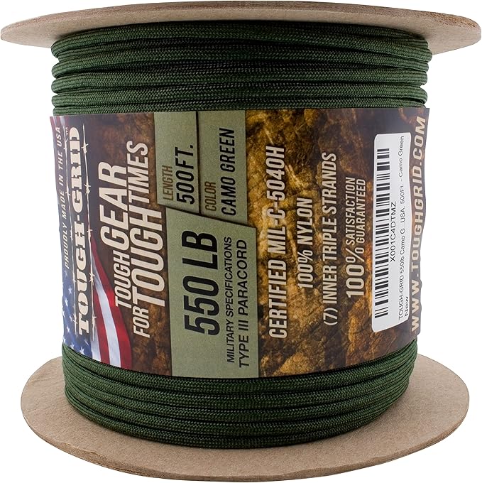 TOUGH-GRID Premium Camo Green Paracord 550 lbs Made in USA Outdoor Survival Nylon Rope Tactical Heavy Duty Strands Parachute Cord Used by US Military Type III Mil-Spec