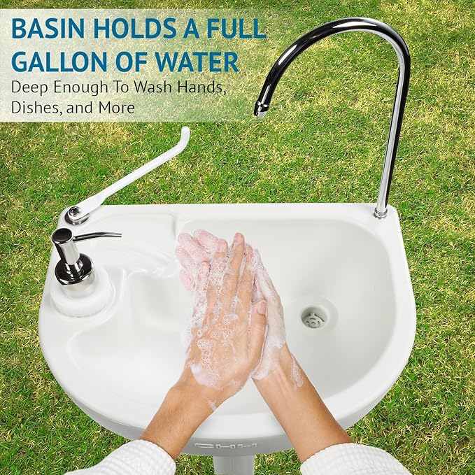 Hike Crew Portable Outdoor Foot Pump Camping Sink – Collapsible Hand Wash Basin w/ 5 Gallon (19L) Water Tank, Wheels, Soap Dispenser, Gooseneck Faucet & Towel Holder – for RV, Travel, Worksite