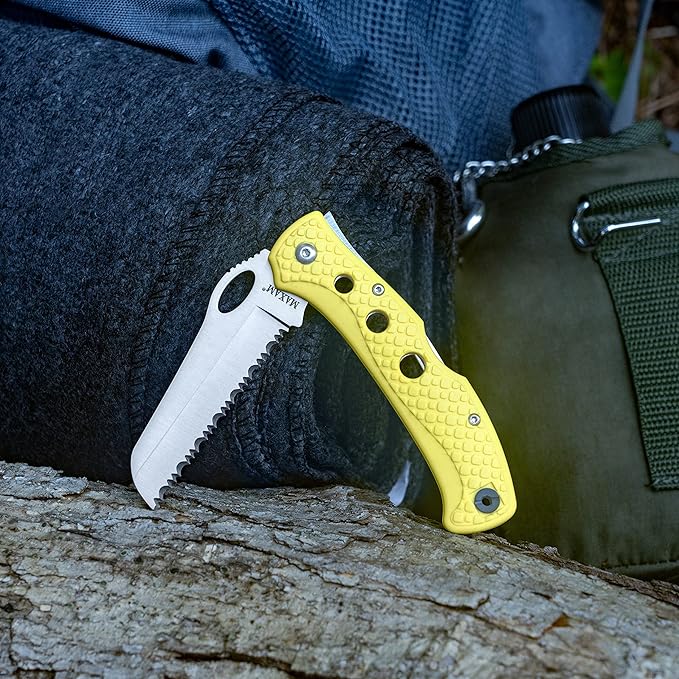 Maxam 5 Inch Saltwater Knife - Rust-Proof German Stainless Steel Serrated Blade with High-Visibility Yellow Handle, Reversible Pocket Clip, Lanyard Hole
