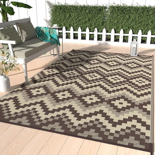 GENIMO Outdoor Rug for Patio, 5' x 8' Lightweight Waterproof Plastic Straw Rugs, Reversible Camping Carpet, Large Area Rugs Mat for RV, Deck, Balcony, Porch, Backyard, Coffee & Beige