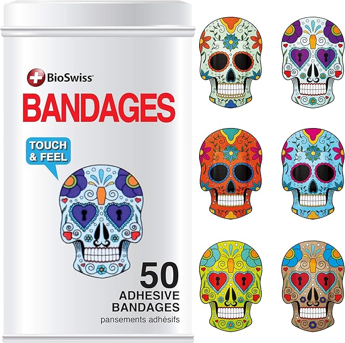 BioSwiss Bandages, Skulls Shaped Self Adhesive Bandage, Latex Free Sterile Wound Care, Fun First Aid Kit Supplies for Kids, 50 Count
