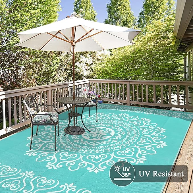 Pauwer Waterproof Outdoor Rug 8x10, Reversible Plastic Straw Patio Camping Rug, Indoor Outdoor RV Mat Carpet for Deck, Camper, Porch, Balcony, Backyard, Picnic, Floral Light Blue