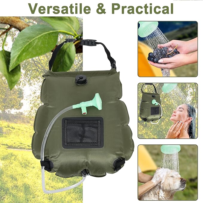 Solar Shower Bag 5 Gallon,Portable Green Camping Shower Bag, 1 Pack Camping Shower Kit with Hose, On-Off Switchable Head for Beach, Swimming, Travel, Hiking