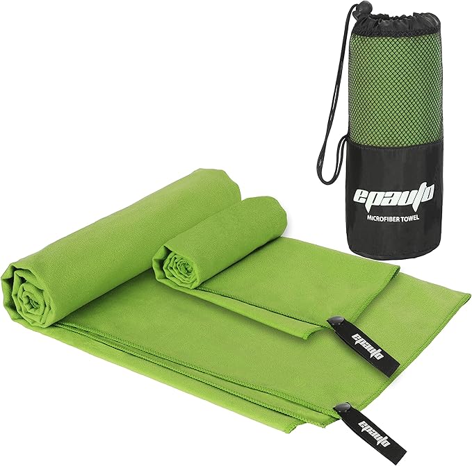 EPAuto 2-Pack Microfiber Fast Drying Travel Gym Towels, Green, (60''x30'', 24''x15'')