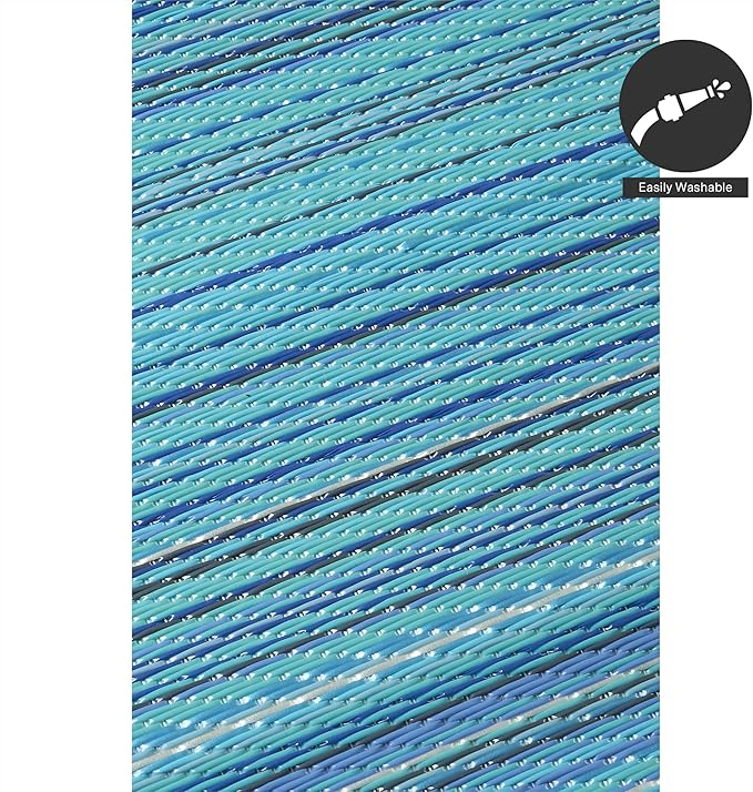 FH Home Outdoor Camping Rug - Waterproof, Fade Resistant, Reversible - Premium Recycled Plastic - Striped - Patio, Deck, Sunroom, RV - Havana - Turquoise - 5 x 8 ft Foldable