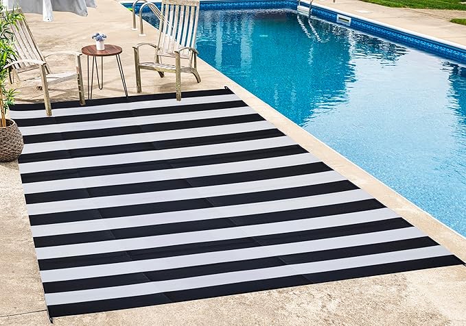 FH Home Outdoor Camping Rug - Waterproof, Fade Resistant, Reversible - Premium Recycled Plastic - Striped - Patio, Deck, Sunroom, RV - Brittany Stripe - Black & White - 5 x 8 ft Foldable