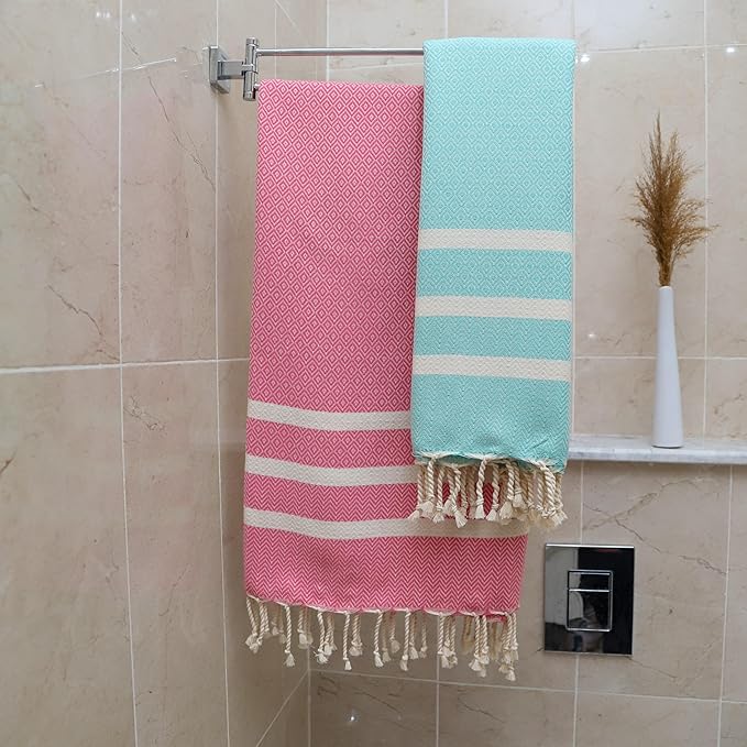2 Oversize Cotton Travel Towel Pack Quick Dry Beach Camping Pool Hiking Compact Portable Lightweight Absorbent Breathable Keep Warm Airplane Blanket (Mint Green and Candy Pink)