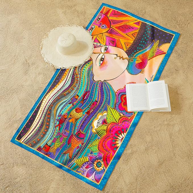 Laurel Burch Mikayla Large Oversized Microfiber Beach Towel - 40x63 Inches, Sand-Free, Quick-Drying, Ultra-Soft, Ideal for Travel, Pool, Yoga, and Camping - Includes Matching Drawstring Travel Pouch