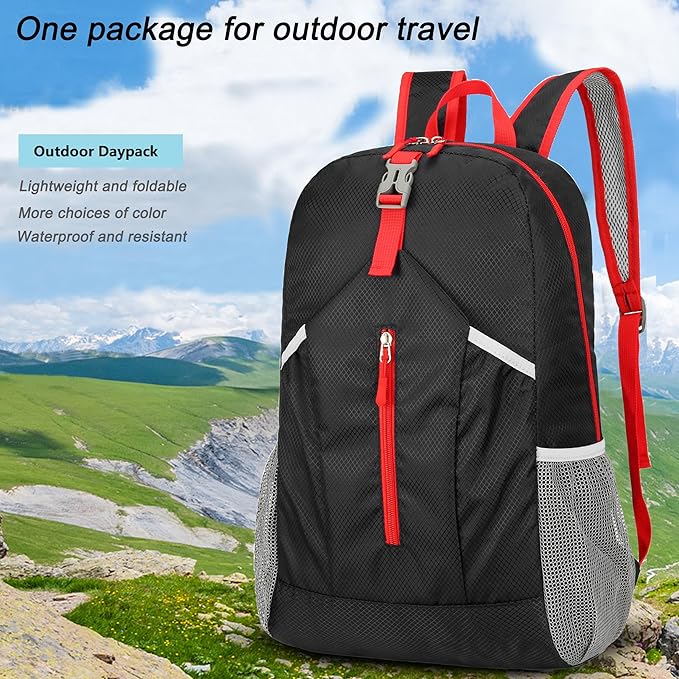 25L Hiking-Backpack Foldable-Sports Daypack-Camping Collapsible Bag Water Resistant Lightweight Travel Men Women (Black)