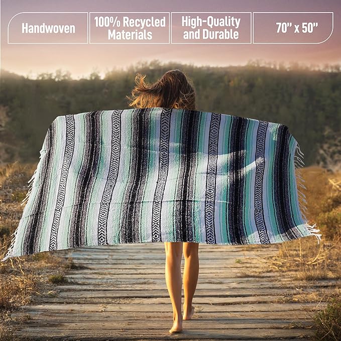 Authentic Extra Large Mexican Blanket (70"x50") - Handwoven Yoga Blanket, Serape Blanket - Artisanal Falsa Blanket, Beach Blanket, Camping Blanket, Picnic Blanket, Outdoor Blanket (Aqua Green)