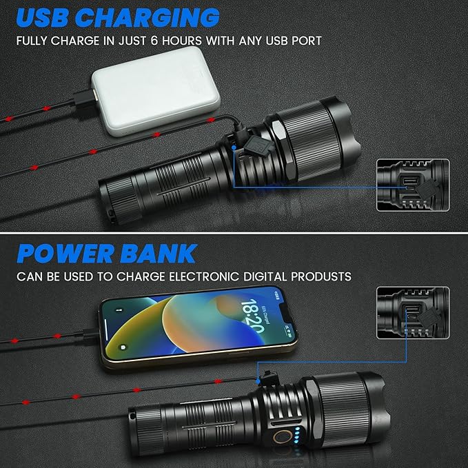 Flashlights High Lumens 900000 LED Rechargeable Tactical Flashlight Zoomable 3 Modes Fast Charging IPX6 Waterproof Super Bright Black Handheld Flashlights for Camping Hiking Outdoor and Gift
