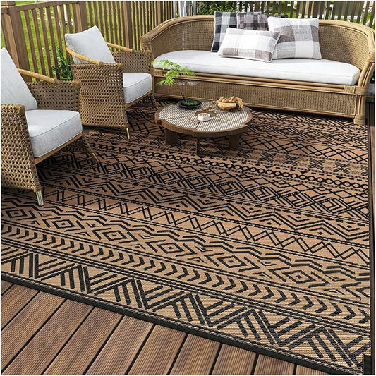 MontVoo-Outdoor Rug Carpet Waterproof 5x8 ft Reversible Patio Rug RV Camping Rug-Plastic Straw Rug Outside Indoor Outdoor Area Rug for Patio Deck Balcony Picnic Beach Outdoor Decor Boho Black Brown