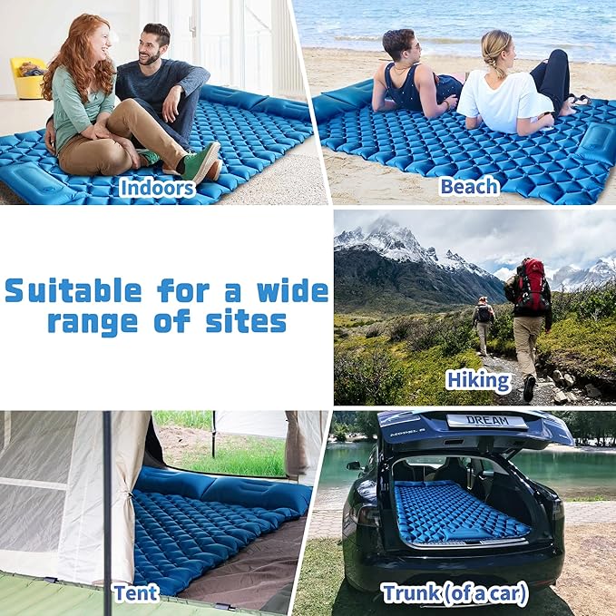 Double Sleeping Pad for Camping, 2 Person Ultralight Inflatable Sleeping Mat with Pillow and Built-in Foot Pump, Portable Camping Mattress for Tent, Backpacking, Hiking, Traveling(Blue