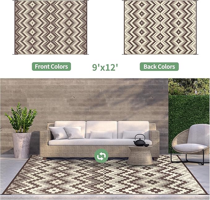 GENIMO Outdoor Rug Waterproof 9x12 ft, Lightweight Plastic Straw Rugs, Outside Reversible Large Mat Carpet for Patio, Camping, RV, Deck, Balcony, Porch, Backyard, Coffee & Beige