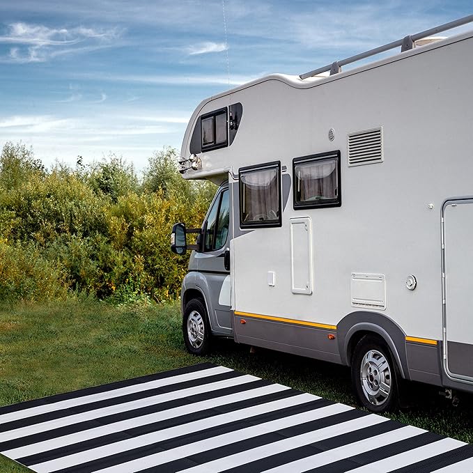 FH Home Outdoor Camping Rug - Waterproof, Fade Resistant, Reversible - Premium Recycled Plastic - Striped - Picnic, Patio, Deck, Sunroom, RV - Brittany Stripe - Black & White - 4 x 6 ft Foldable