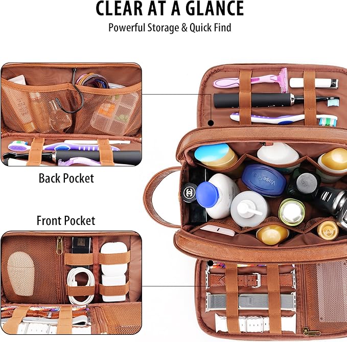 Travel Toiletry Bag for Men, Large Hanging Toiletries Organizer Bags for Women, Cruise Ship Essentials, Water-resistant Shaving Case, PU Leather Makeup Accessories, Cosmetic Dopp Kit, Brown
