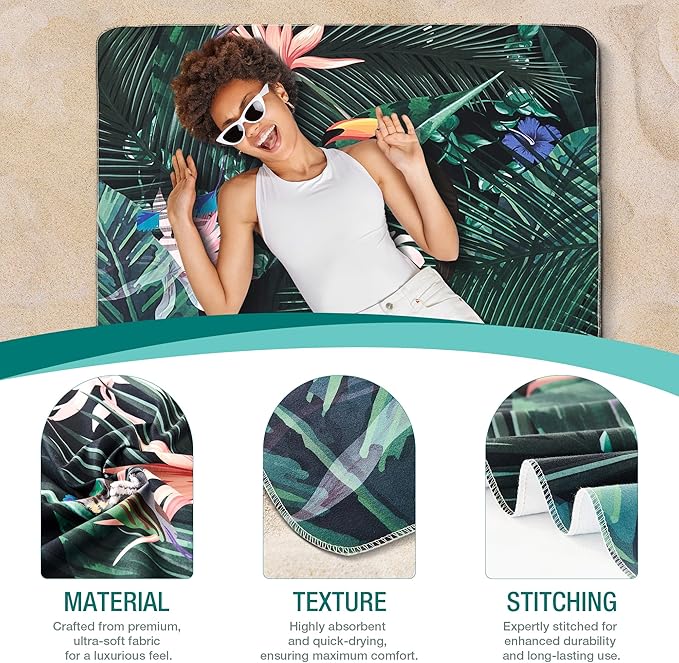 HYSEAS Lightweight Ultra-Thin Beach Towel, Oversized for Adult 78"X35", Sand Free, Quick Dry, Ideal for Swimming, Beach, Yoga, Travel, Camping, Essential Beach Accessory & Vacation Gift, Paradise Bird