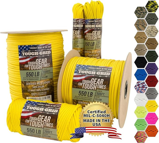 TOUGH-GRID Premium Yellow Paracord 550 lbs Made in USA Outdoor Survival Nylon Rope Tactical Heavy Duty Strands Parachute Cord Used by US Military Type III Mil-Spec