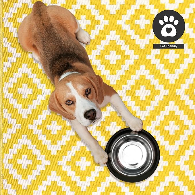 FH Home Outdoor Camping Rug - Waterproof, Fade Resistant, Reversible - Premium Recycled Plastic - Geometric - Large Patio, Deck, Sunroom, RV - Aztec - Yellow & White - 9 x 18 ft Foldable