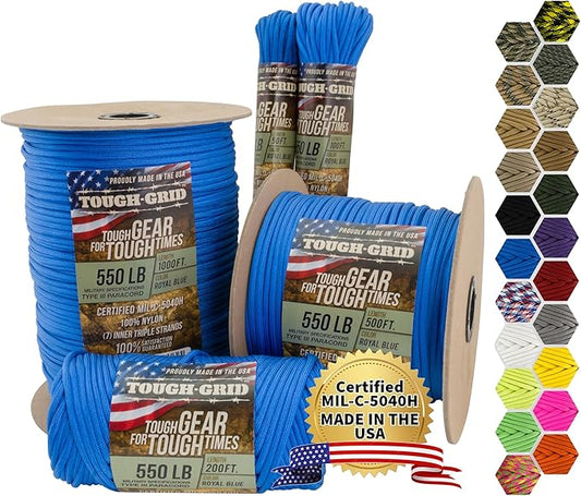 TOUGH-GRID Premium Royal Blue Paracord 550 lbs Made in USA Outdoor Survival Nylon Rope Tactical Heavy Duty Strands Parachute Cord Used by US Military Type III Mil-Spec