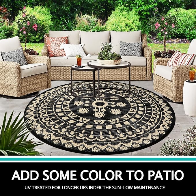 Capslpad 6Ft Round Outdoor Rug for Patio Reversible Mat Waterproof Plastic Straw Rug Boho Circle Indoor Outside Area Rug for RV Camping Picnic Pool Tent Balcony Beach Deck Doormats Decor, Beige