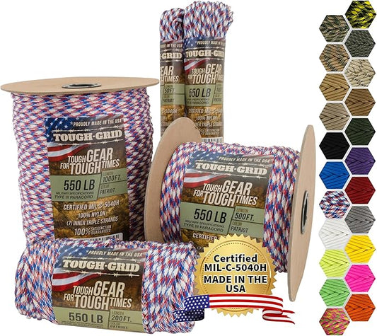 TOUGH-GRID Premium Patriot Paracord 550 lbs Made in USA Outdoor Survival Nylon Rope Tactical Heavy Duty Strands Parachute Cord Used by US Military Type III Mil-Spec