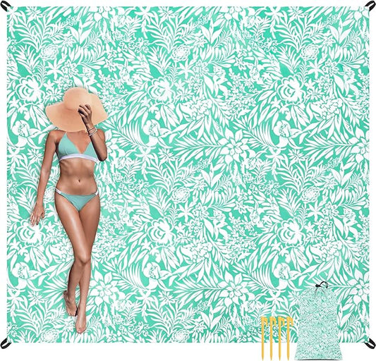 Beach Blanket Waterproof Sandproof Oversized, 110''×118'' Extra Large Beach Mat Sand Free, Lightweight Compact Folable Pinic Blanket w/ 4 Stakes & Pockets for Camping, Travel