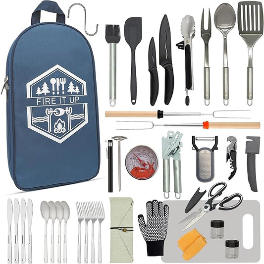 BOMKI Grilling and Camping Cooking Utensils Set for The Outdoors BBQ - Camping Utensil Set Camping Kitchen Set Cookware Accessories Camping Essentials Camping Stuff Camp Cooking Set (Blue Pro)