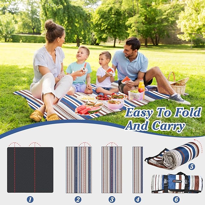 HX&OD Picnic Mat; Picnic Blanket; Waterproof Picnic Mat.(Dark Blue & Brown, 80”x 80”)