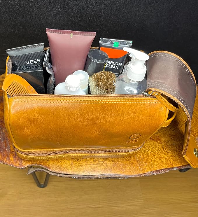 RusticTown Leather Toiletry Bag for Men - Travel Shaving Dopp Kit - Bathroom Shower Toiletries Organizer - Cosmetic Make up Bag for Women