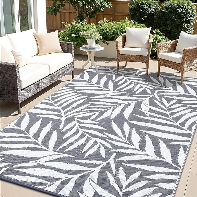 OLANLY Waterproof Outdoor Rug 6x9 ft, Reversible Outdoor Plastic Straw Rug with Leaf Pattern, RV Mat, Indoor Outdoor Carpet for Patio, Camping, Balcony, Deck, Backyard, Grey & White