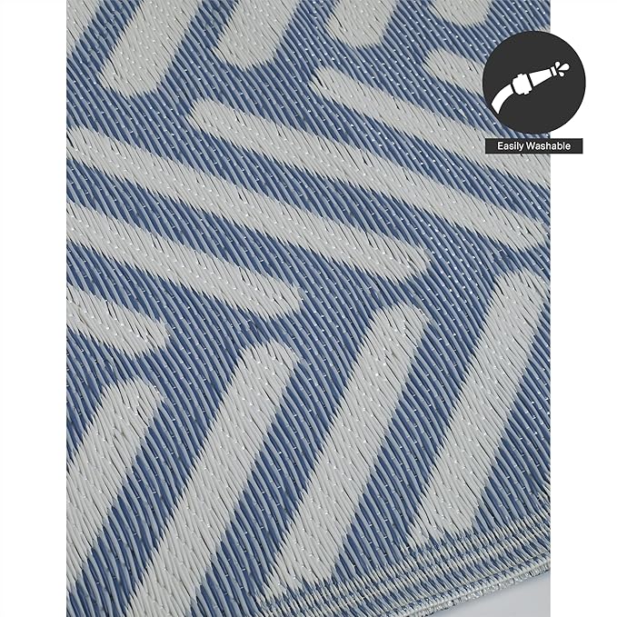 FH Home Outdoor Camping Rug - Waterproof, Fade Resistant, Reversible - Premium Recycled Plastic - Herringbone - Large Patio, Deck, Sunroom, RV - Fresno - Light Blue - 9 x 18 ft Foldable