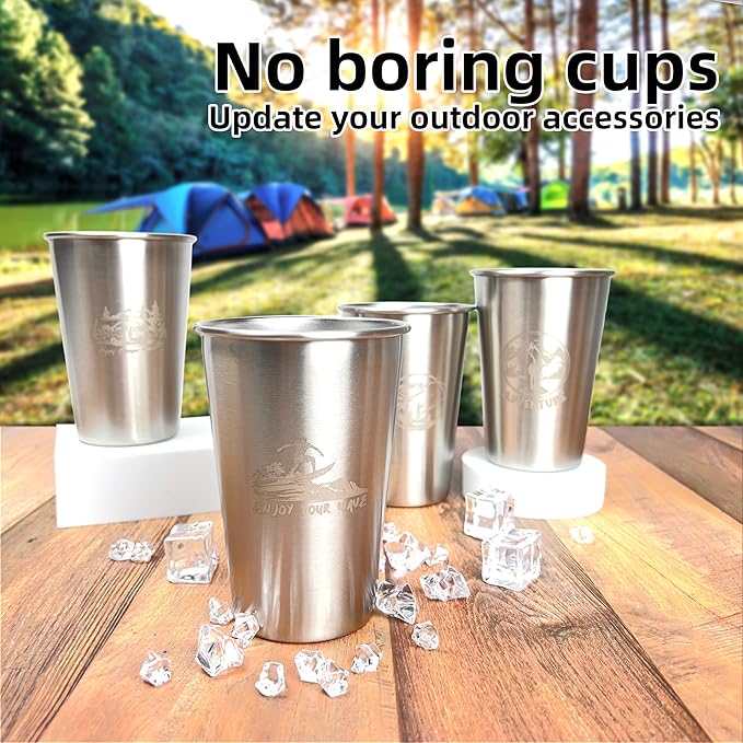 Camping Cup 16oz (4 Pack) Camping Gift for Him Father Stackable Metal Mug Pint Cup 18/8 Stainless Steel Cup for Outdoor Picnic Hiking Fishing Surfing Party Drinking Glasses (4 silver)