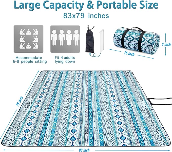 PY SUPER MODE Picnic Blankets Extra Large, Waterproof Foldable Outdoor Beach Blanket Oversized 83x79” Sandproof, 3-Layer Picnic Mat for Camping, Hiking, Travel, Park, Concerts(Teal Boho)