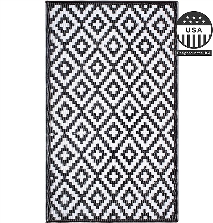 FH Home Outdoor Camping Rug - Waterproof, Fade Resistant, Reversible - Premium Recycled Plastic - Geometric - Large Patio, Deck, Sunroom, RV - Aztec - Black & White - 9 x 18 ft Foldable